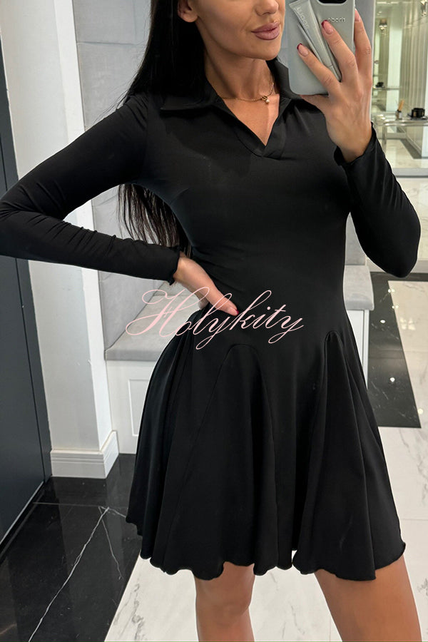 Solid Color Lapel Long Sleeve Slim Fit Waist Mini Dress