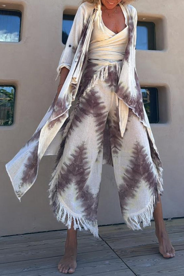 Kailani Linen Blend Tie-dye Print Irregular Hem Duster Kimono