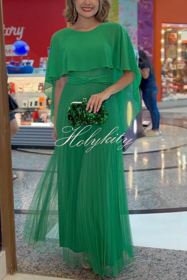 Ready for Holiday Cape Sleeve Tie-up Pleated Maxi Dress