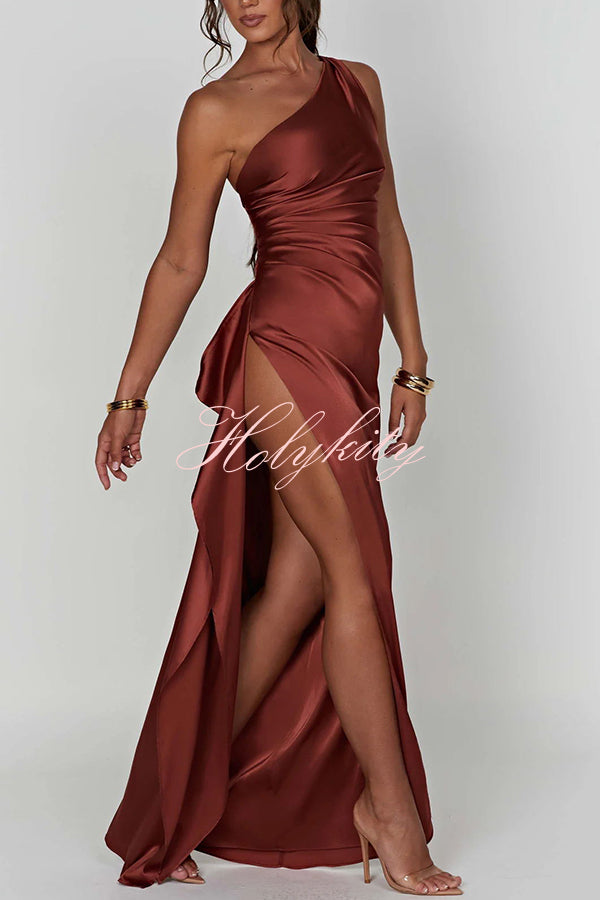 Fits Your Curves Satin One Shoulder Drape Slit Maxi Dress