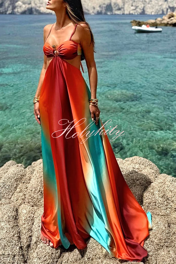 Neon Sunset Printed Metal Decoration Cutout Back Tie-up Vacation Maxi Dress