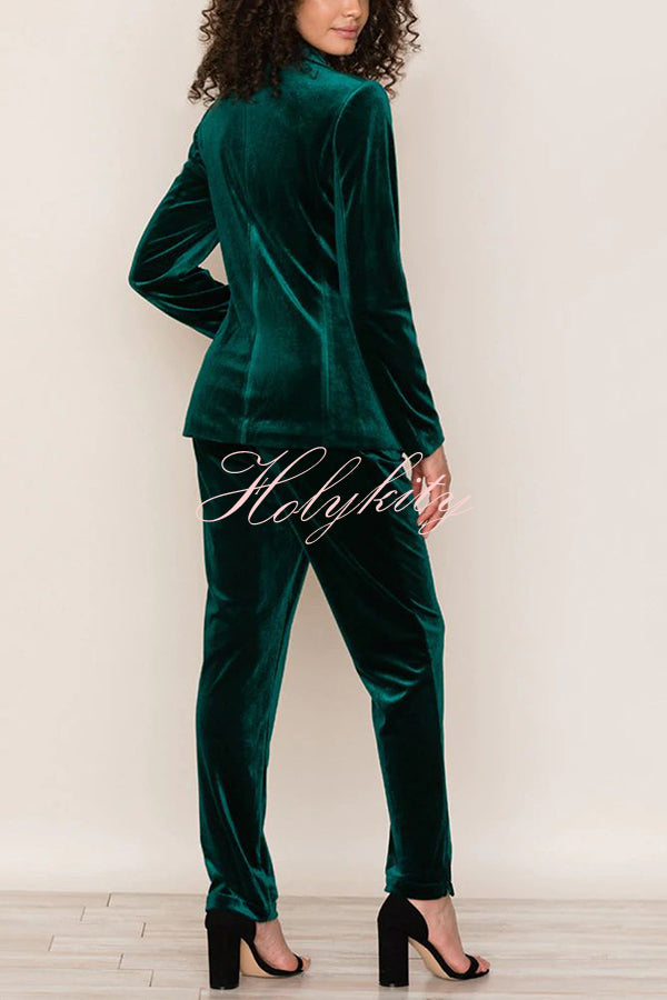 Solid Color Velvet Long-sleeve Blazer and Elastic Waist Pocket Pants Set