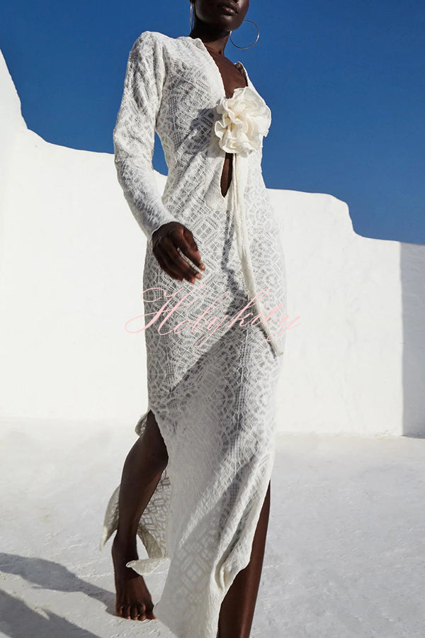 Spanish Breeze Lace Deep V-neck Removable Flowers Long Sleeve Slit Vacation Maxi Dress