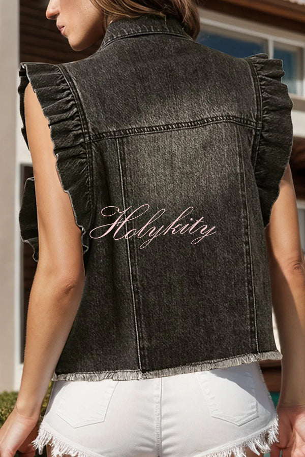 Stylish Lapel Single-breasted Ruffle Sleeve Loose Denim Jacket