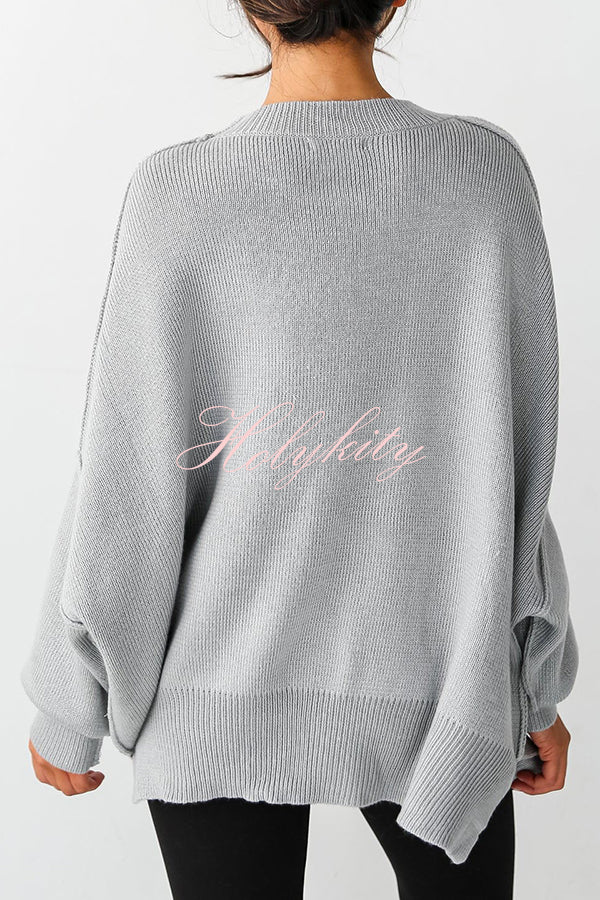 Distressed Knit Side Slit Long Sleeve Pullover Sweater