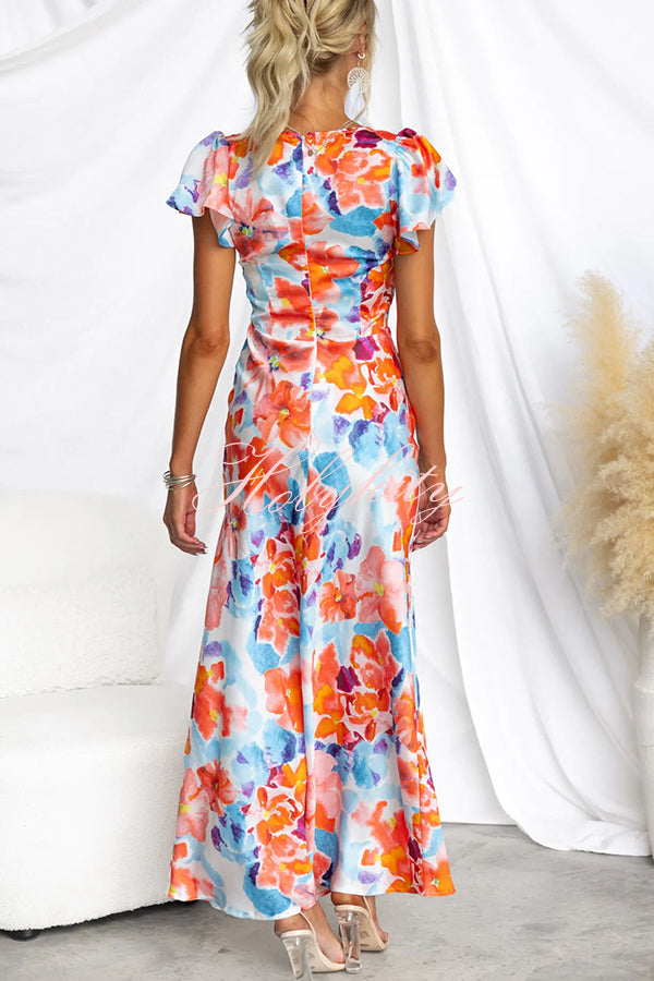 Say I Do Satin Floral Print Cap Sleeves Maxi Dress