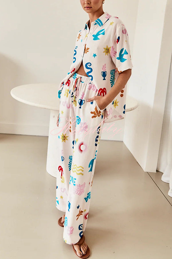 Summer Beach Element Printed Button Lace Up Pocket Pants Suit