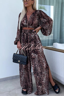 Lady Summer Leopard Print Lantern Sleeve Top and Elastic Waist Slit Pants Set