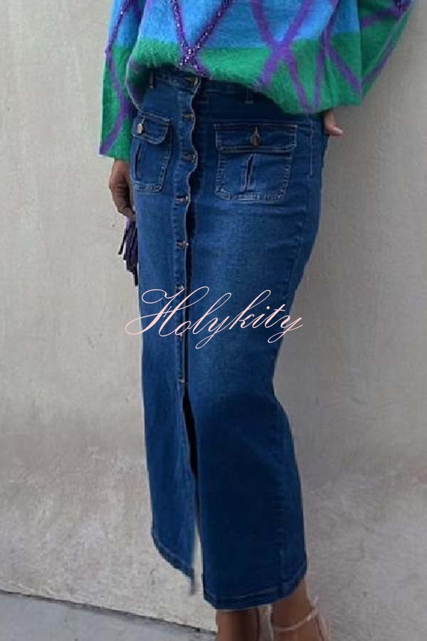 Dunev High Rise Pocket Button Belt Slit Denim Skirt