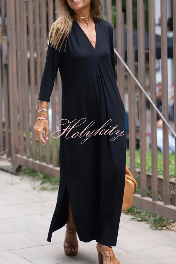 Solid Color V-neck Casual Slit Maxi Dress