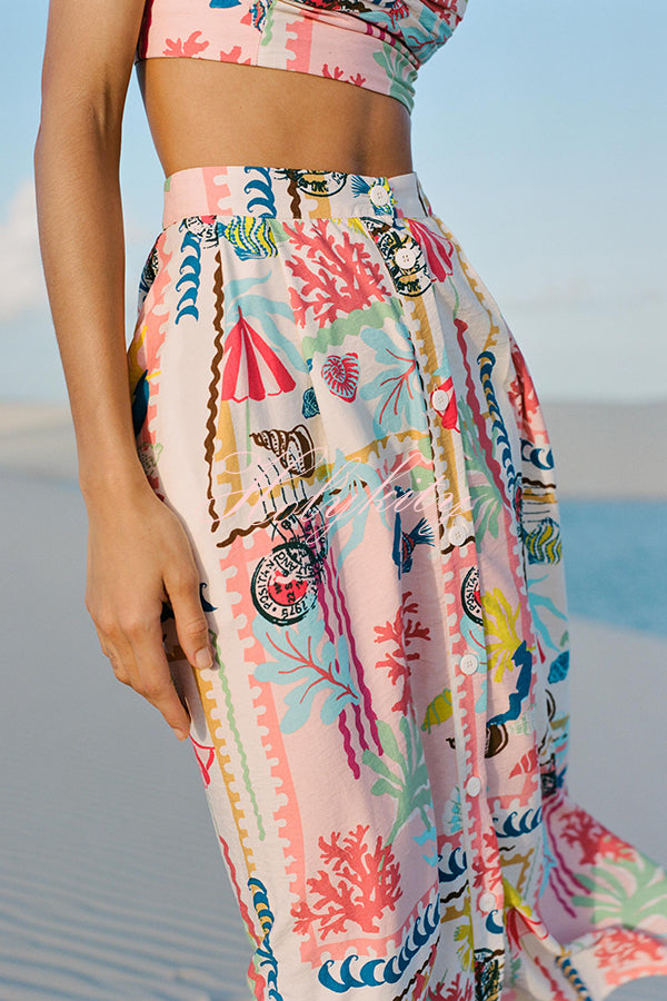 Multicolor Printed Sexy V Neck Halter Top and Midi Button-down Skirt Set