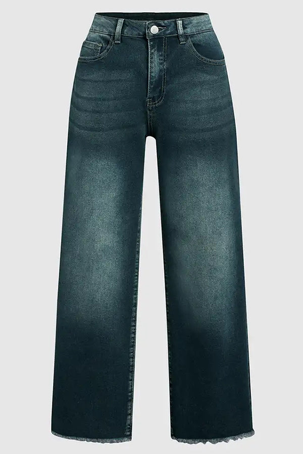 Stylish Raw-edge Mid-rise Pocket Stretch Straight-leg Jeans