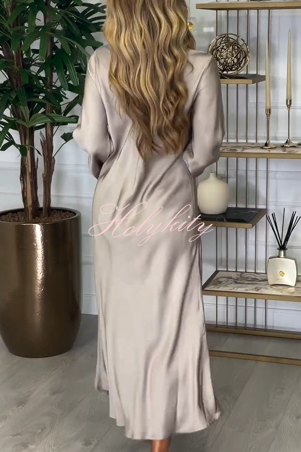 Solid Color V-neck Long-sleeved Loose Draped Maxi Dress