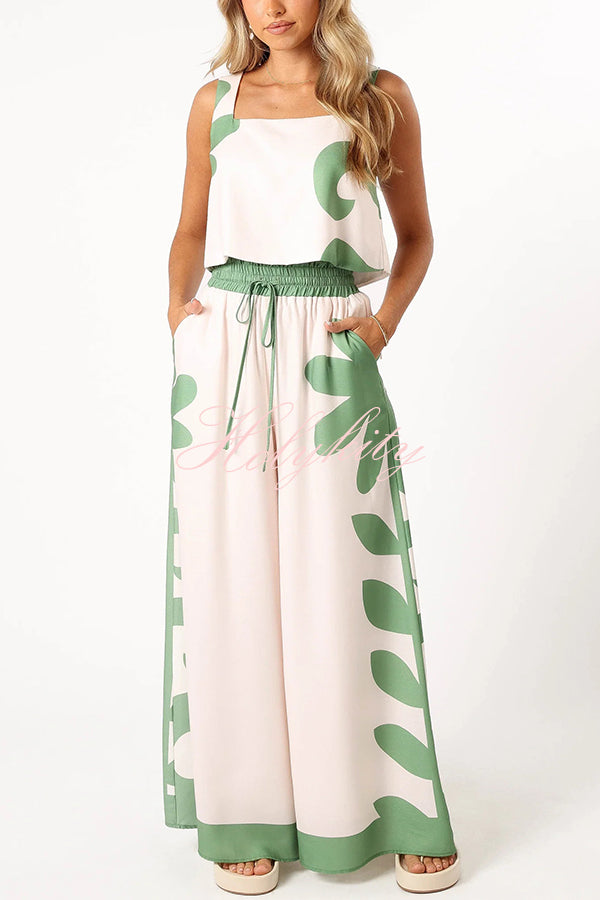 Stylish Printed Sleeveless Tank Top and Pocket Elastic Waist Wide Leg Pants Set