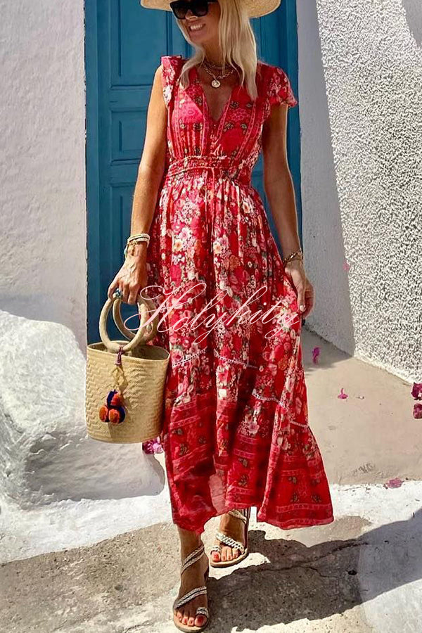 Summer in Greece Boho Print Ruffle Sleeve Elastic Waist High-low Midi Dress