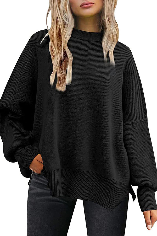 Distressed Knit Side Slit Long Sleeve Pullover Sweater