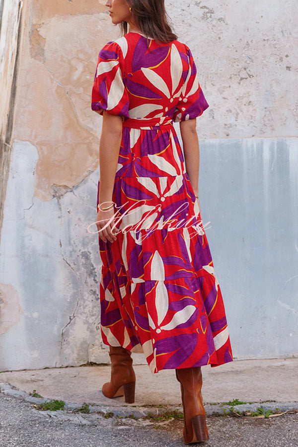 Unique Printed Waist Lace Up Slit Maxi Dress