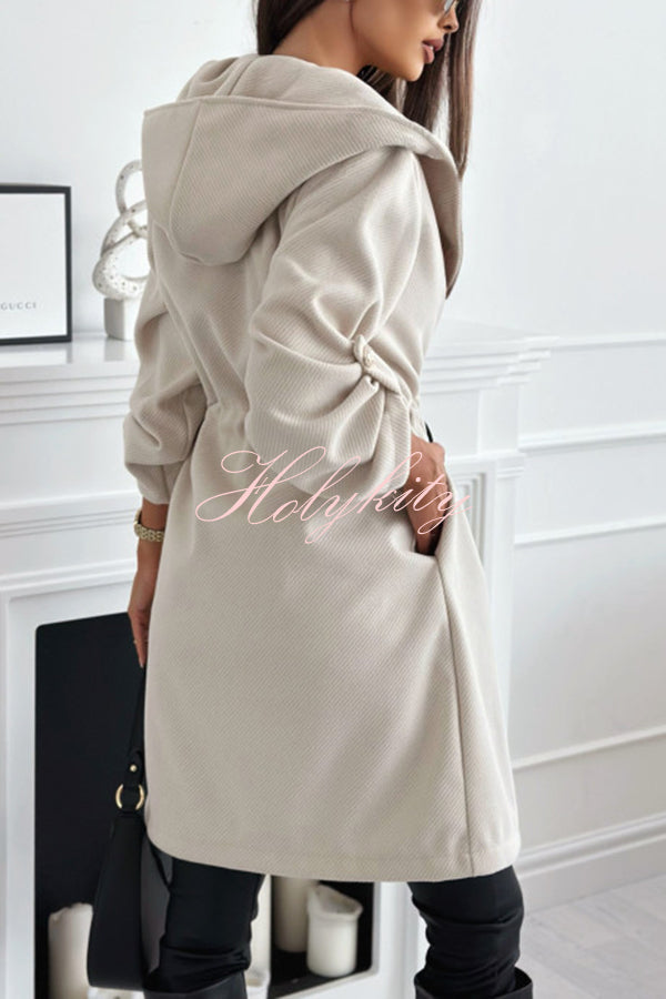 Effortless and Warm Textured Fabric Drawstring Waist Pocket Hooded Midi Coat