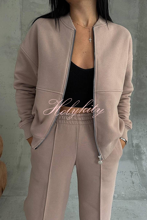 Solid Color Casual Long Sleeve Zipper Jacket and Elastic Waist Pocket Wide Leg Pants Set