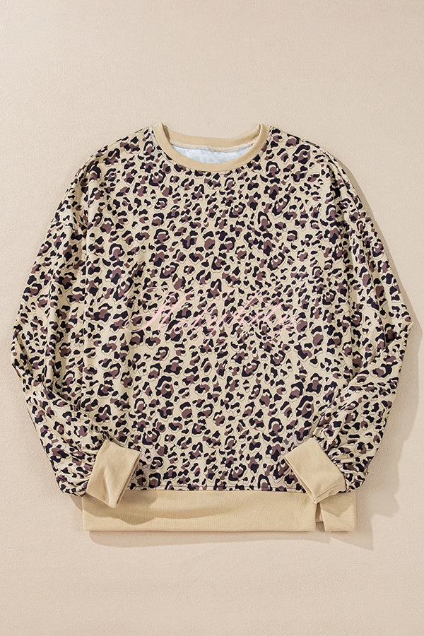 Leopard Print Crew Neck Patchwork Long sleeve Casual Loose Sweatshirt