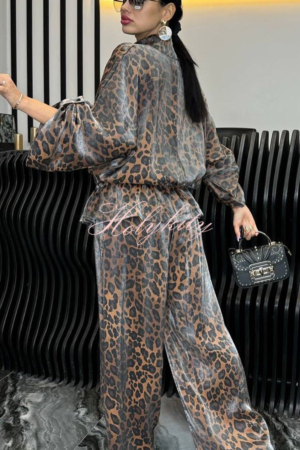 Leopard Print Drawstring Waist Zipper Jacket and Elastic Waist Pocket Loose Pants Set