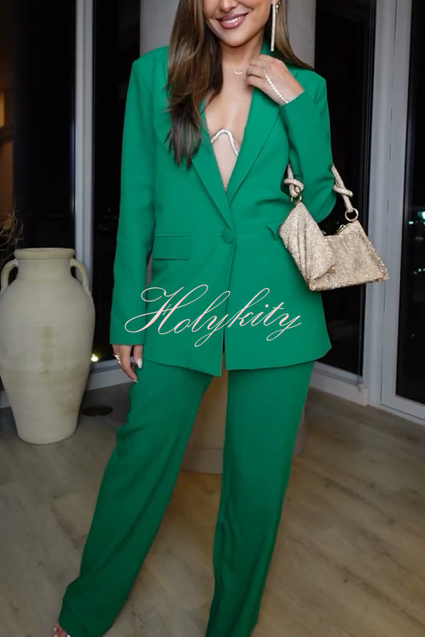 Mojito Muse Single Button Lapel Blazer and Elastic Waist Pocketed Wide Leg Pants Set