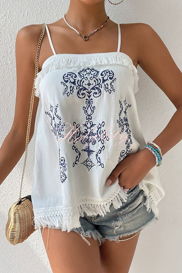 Ethnic Embroidered Adjustable Straps Fringed Top