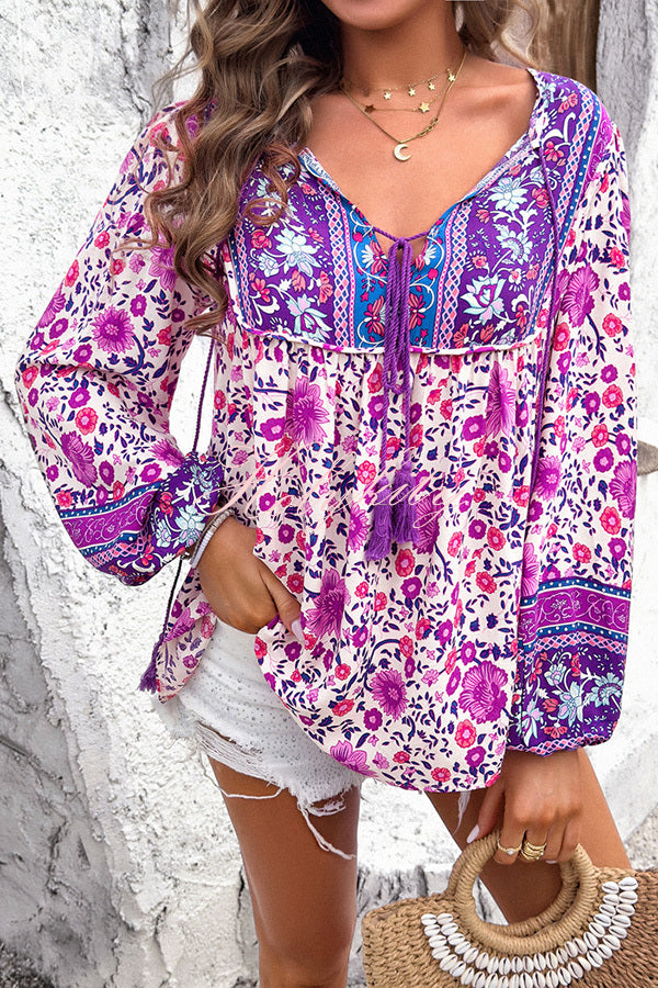 Intricate Floral Print V Neck Lace Up Paneled Long Sleeve Shirt