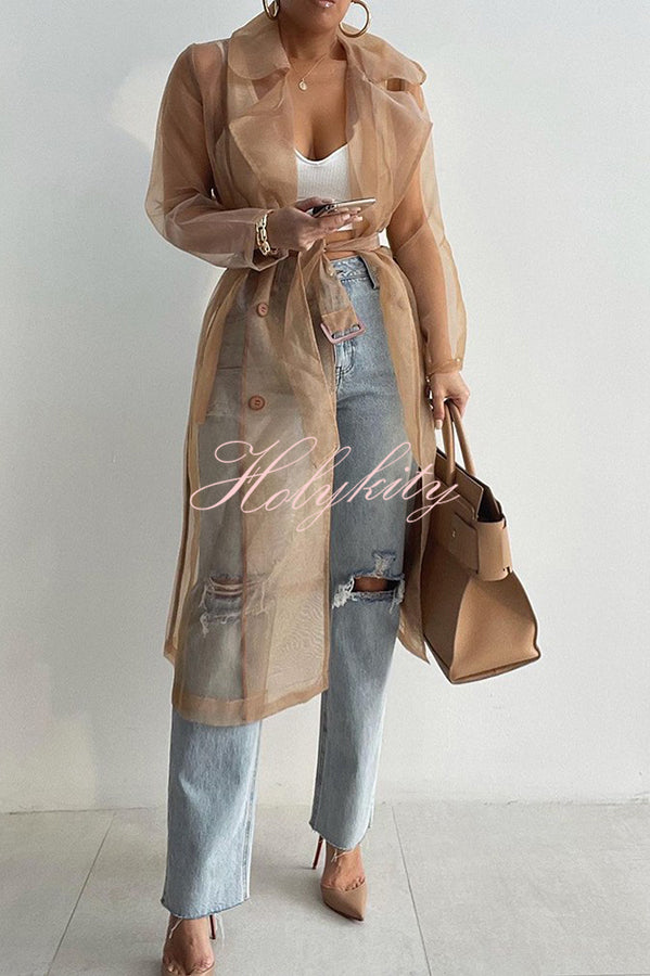 Solid Color Patchwork Button Belt Pocket Long Sleeve Coat