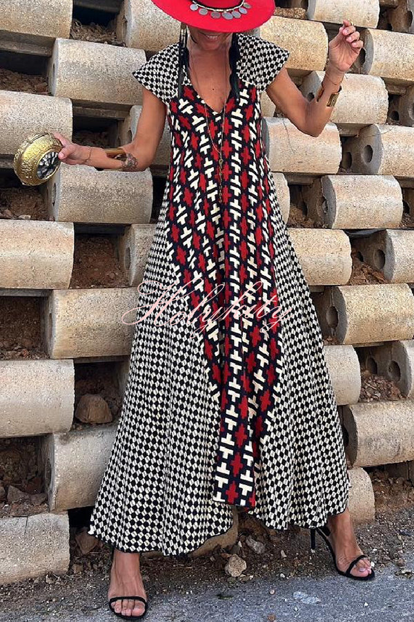 Fresh Breeze Ethnic Unique Print Ruffle Sleeve A-line Maxi Dress