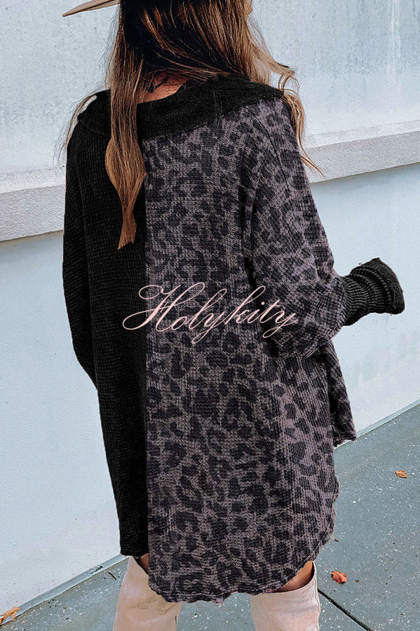 Waffle Leopard Pullover Button Pocket Shirt