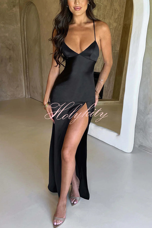 Satin Solid Color Sexy Backless Lace Up High Slit Maxi Dress