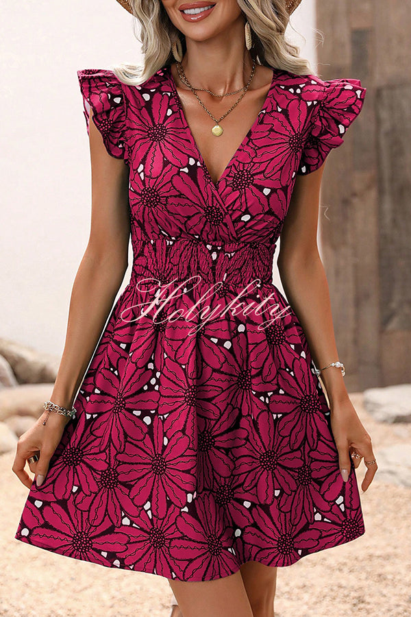 Wonderful Weekend Floral Print Ruffle Sleeve Elastic Waist Mini Dress