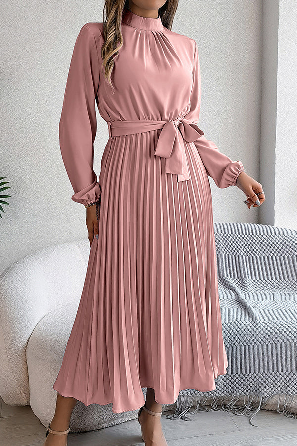 Elegant Stand-collar Long-sleeve Waisted Tie-up Pleated Midi Dress