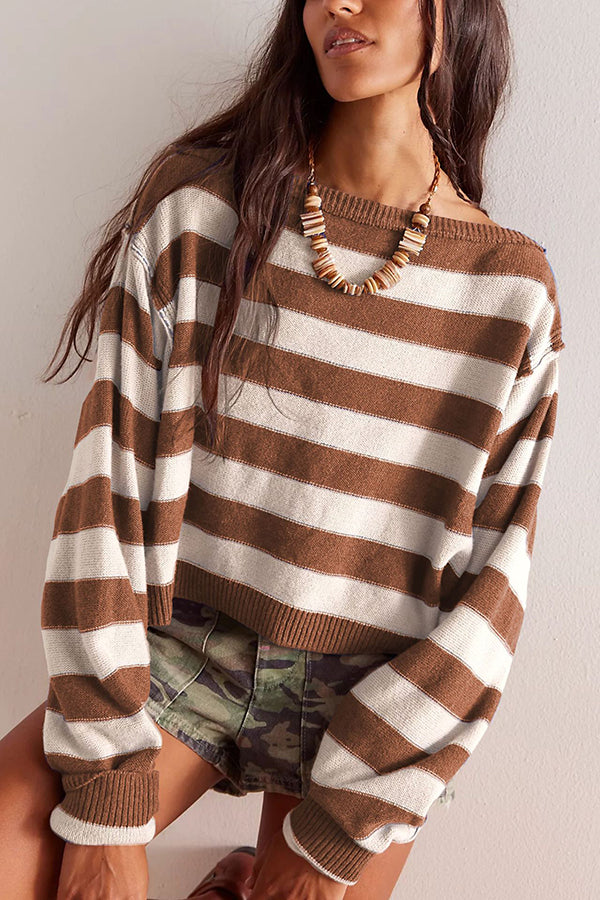 Striped Print Crew Neck Long Sleeve Loose Knitted Sweater