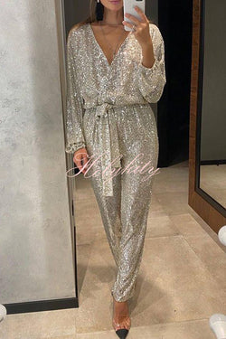 Cheers To You Sequin Long Sleeve Belted Wrap Loose Jumpsuit