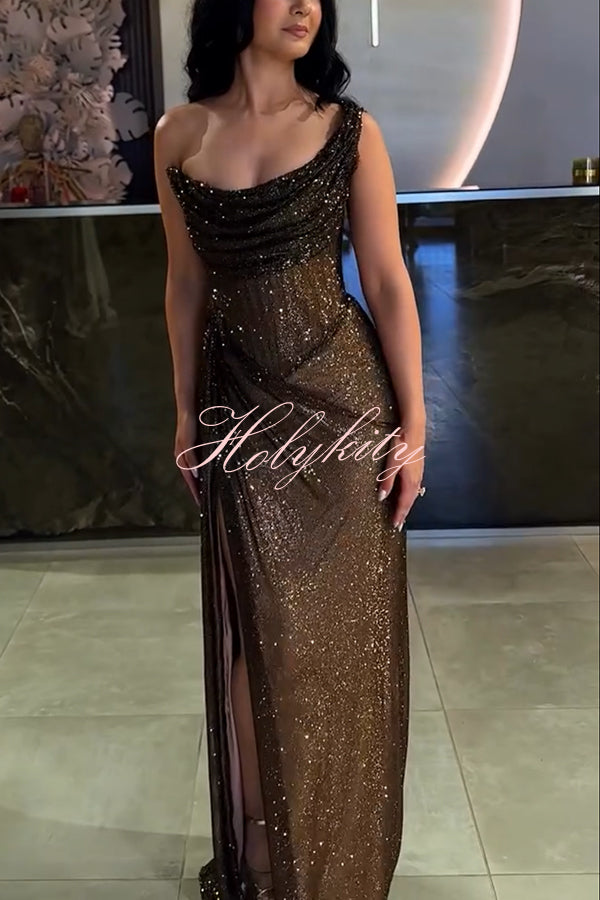 Glitzy Gala Glitter Fabric One Shoulder Ruched Slit Maxi Dress