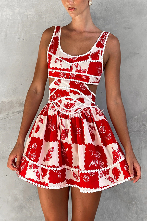 Holiday Colors Ric Rac Trims Unique Print Cutout Round Neck Mini Dress