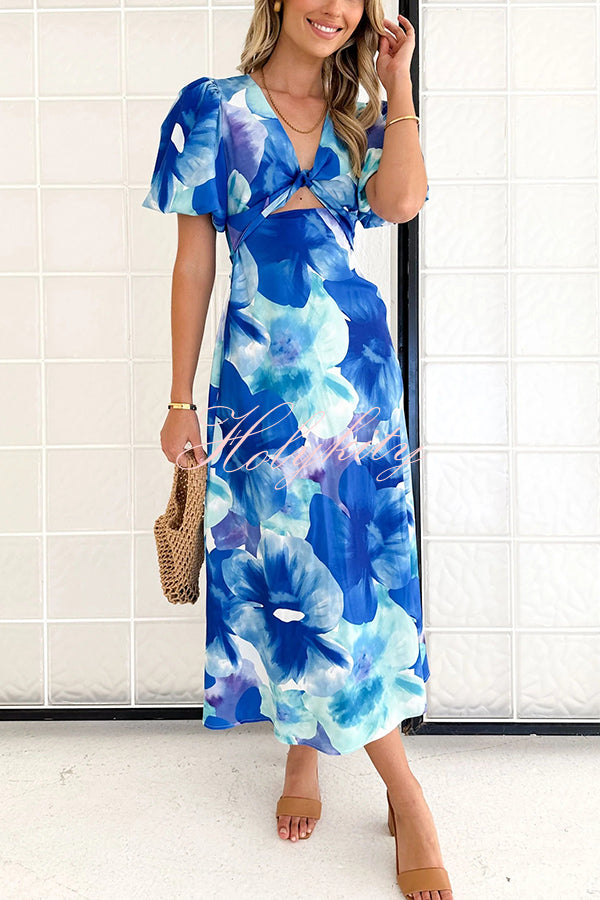 Sophia Floral Print Satin Puff Sleeve Twist Bust Cutout Midi Dress