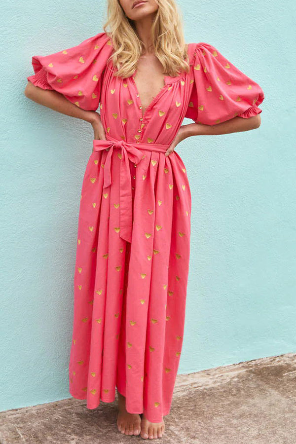 Valentine's Day Gold Heart Print Puff Sleeve Button Pocketed Loose Maxi Dress