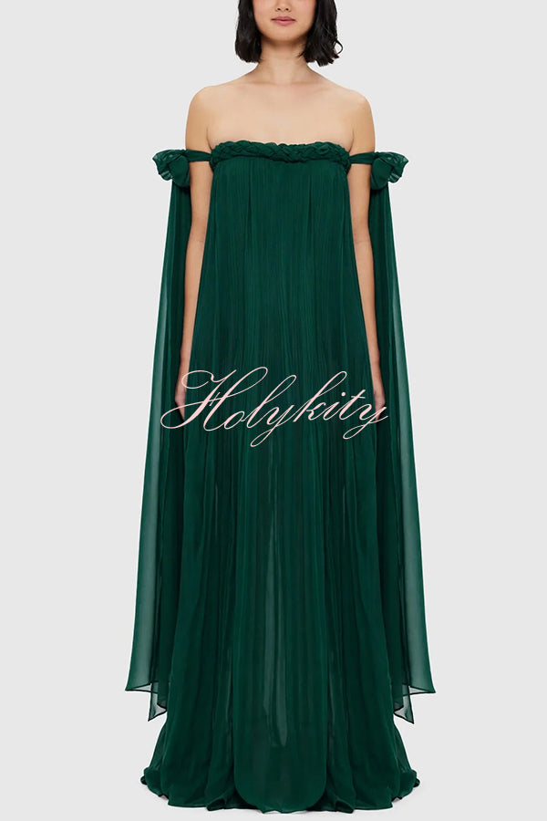 Fairy Spirit Tulle Braided Neckline Tie Arm Straps Pleated Maxi Dress