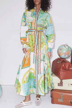 Travel Around The World Unique Print Balloon Sleeve Belt Shirt Midi Dress