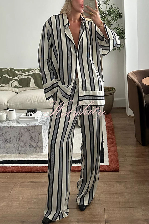 Lifetime of Happiness Striped Long Sleeve Loose Shirt and Elastic Waist Pocket Pants Set