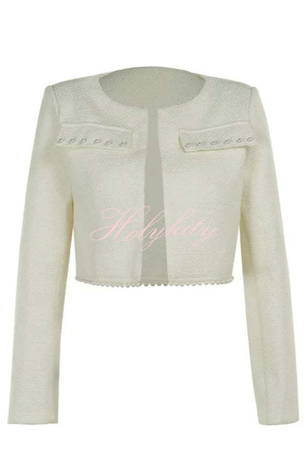 Stylish and Elegant Tweed Pearl-embellished Long-sleeved Jacket