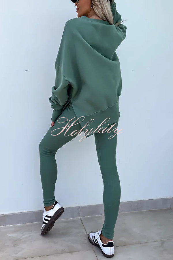 Solid Color Loose Long Sleeve SlitSweatshirt and Elastic Waist Tight Pants Set