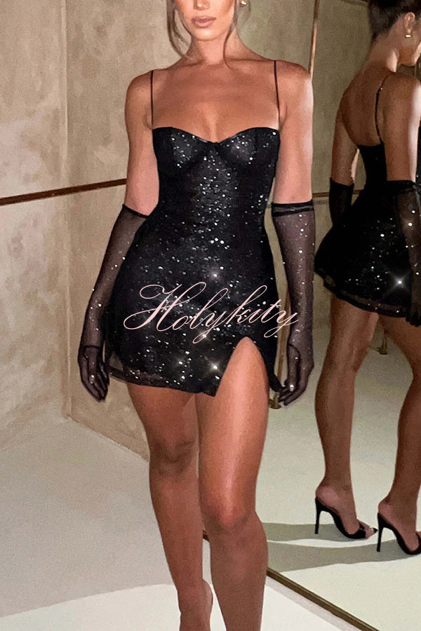 Glow At Night Glitter Fabric Slip Slit Mini Dress with Mesh Gloves