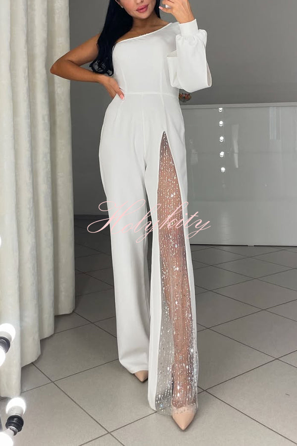 Fashionable Oblique Shoulder One-sleeve Sexy High Slit Slim Jumpsuit