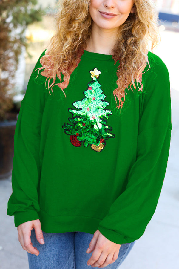 Christmas Tree Holiday Sequined Casual Loose Sweatshirt