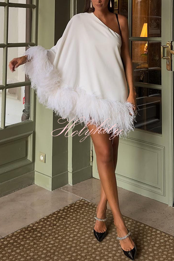 Vegas Living One Shoulder Feather Hem Party Mini Dress