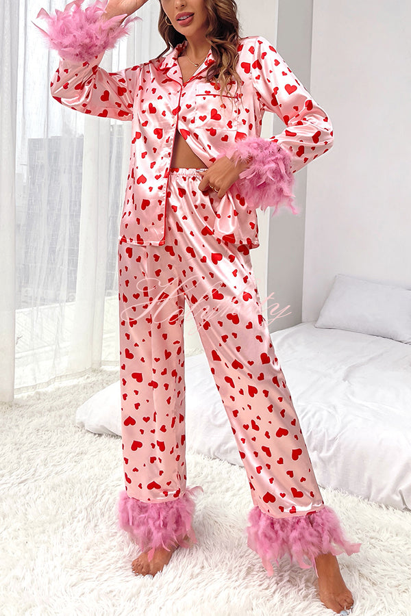 Cater To You Heart Printed Feather Trim Shirt Elastic Waist Pocket Pajama Set